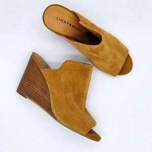 Lucky Brand Brown Suede Open-Toe Wedge Mules